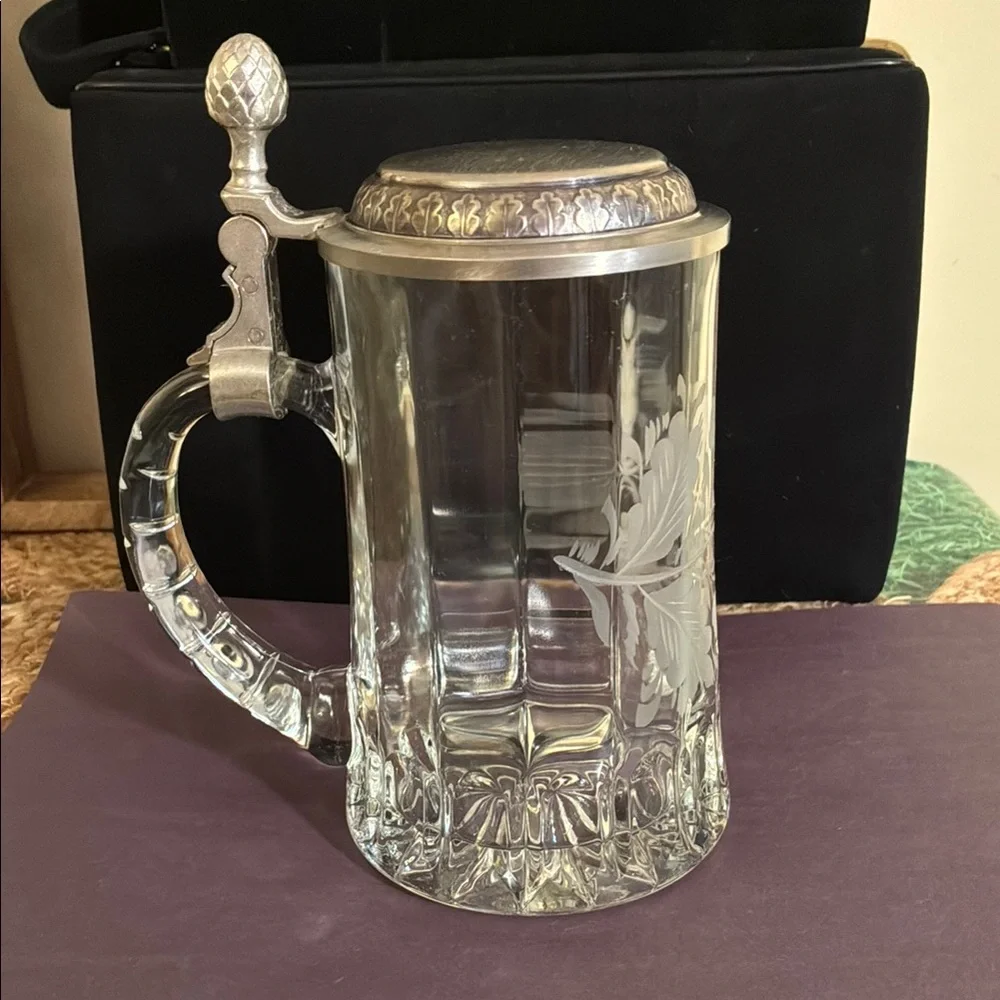 Zinn, Crystal Stein Mug with Etched Leaf Floral Pattern, West Germany